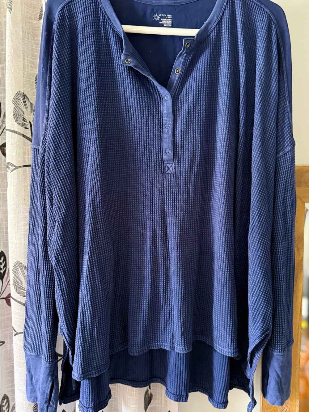 aerie Navy Waffle-Knit Henley Sweatshirt